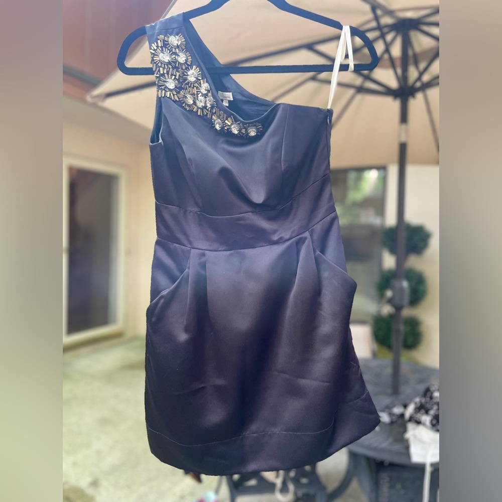 Shoshanna, black, satin, one-shoulder cocktail dress